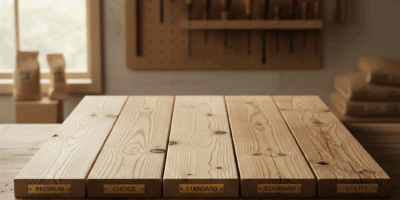 Professional featured image for woodworking article: Pine Lumber Grades Explained. High quality phot