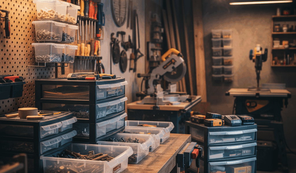 Professional featured image for woodworking article: Plastic Storage Solutions for Workshops. High q