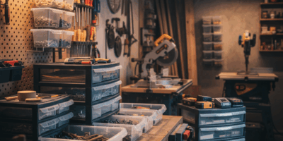 Professional featured image for woodworking article: Plastic Storage Solutions for Workshops. High q
