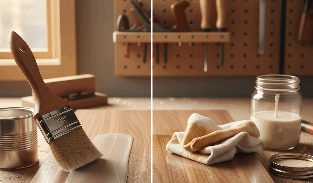 Professional featured image for woodworking article: Polyurethane Application: Brush vs Wipe-On Meth