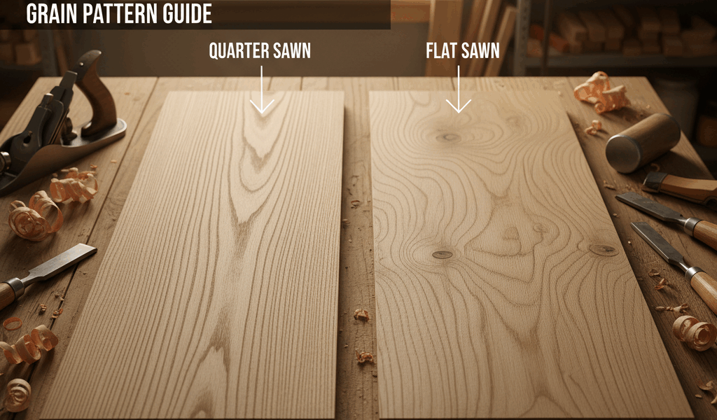 Professional featured image for woodworking article: Quarter Sawn vs Flat Sawn Oak: Grain Pattern Gu