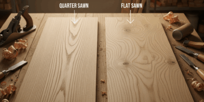 Professional featured image for woodworking article: Quarter Sawn vs Flat Sawn Oak: Grain Pattern Gu