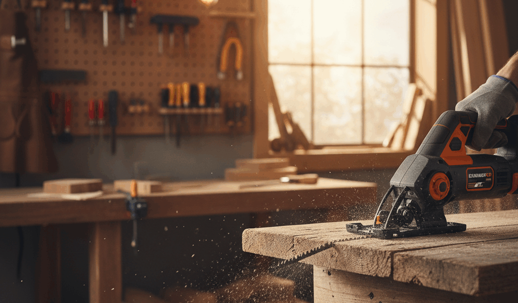 Professional featured image for woodworking article: Reciprocating Saw Uses and Tips. High quality p