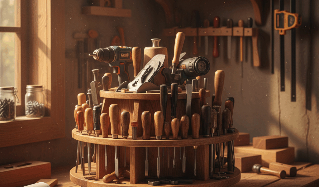 Professional featured image for woodworking article: Revolving Tool Station Ideas. High quality phot