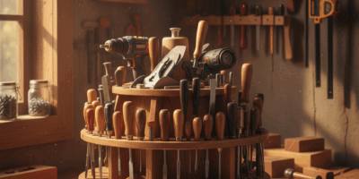 Professional featured image for woodworking article: Revolving Tool Station Ideas. High quality phot