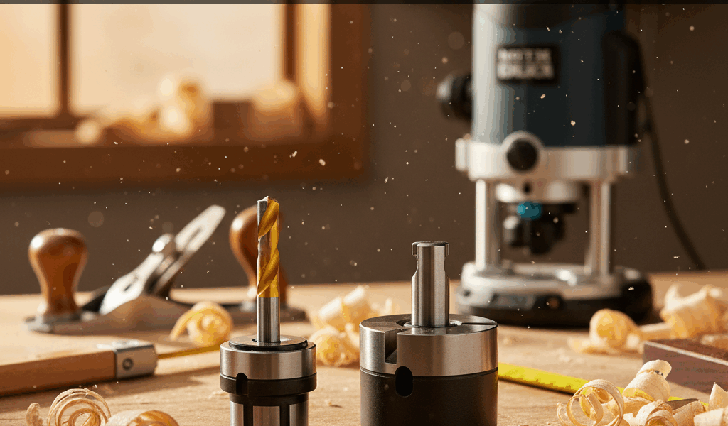 Professional featured image for woodworking article: Router Collet Sizes: 1/4-Inch vs 1/2-Inch Bits.