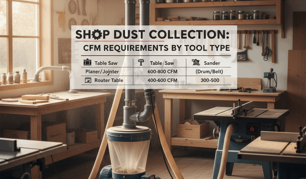 Professional featured image for woodworking article: Shop Dust Collection: CFM Requirements by Tool 