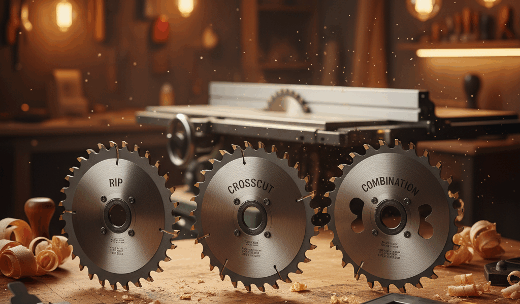 Professional featured image for woodworking article: Table Saw Blade Types: Rip, Crosscut, and Combi