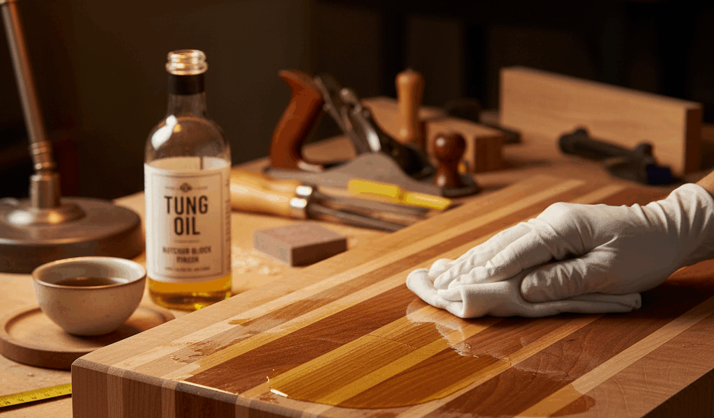 Professional featured image for woodworking article: Tung Oil for Butcher Block. High quality photog