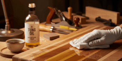 Professional featured image for woodworking article: Tung Oil for Butcher Block. High quality photog