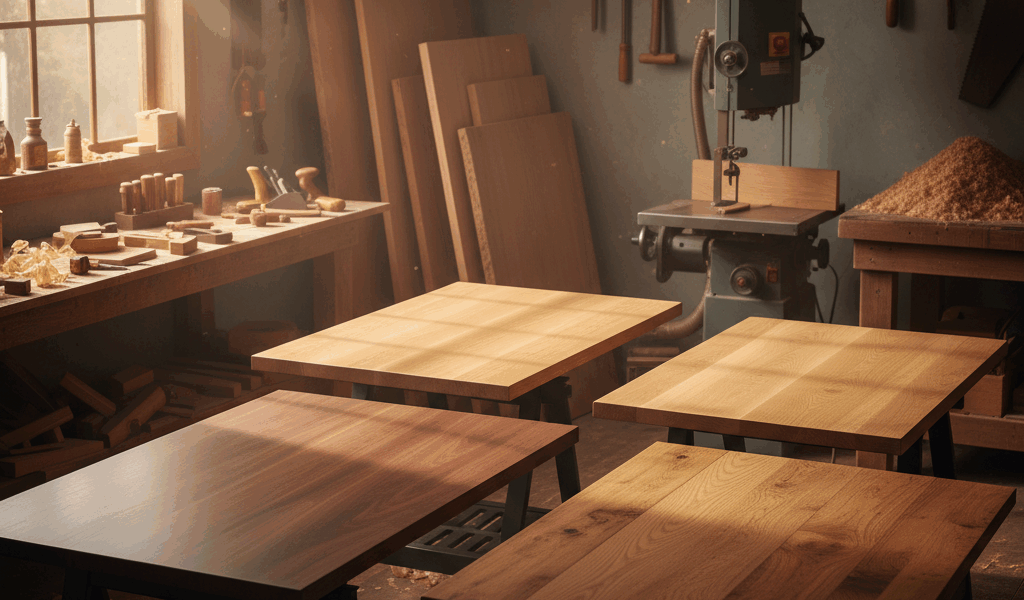 Professional featured image for woodworking article: Wood Desk Tops Guide. High quality photography,