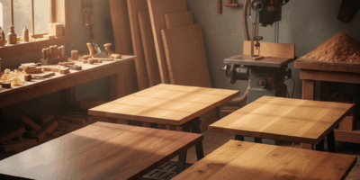 Professional featured image for woodworking article: Wood Desk Tops Guide. High quality photography,
