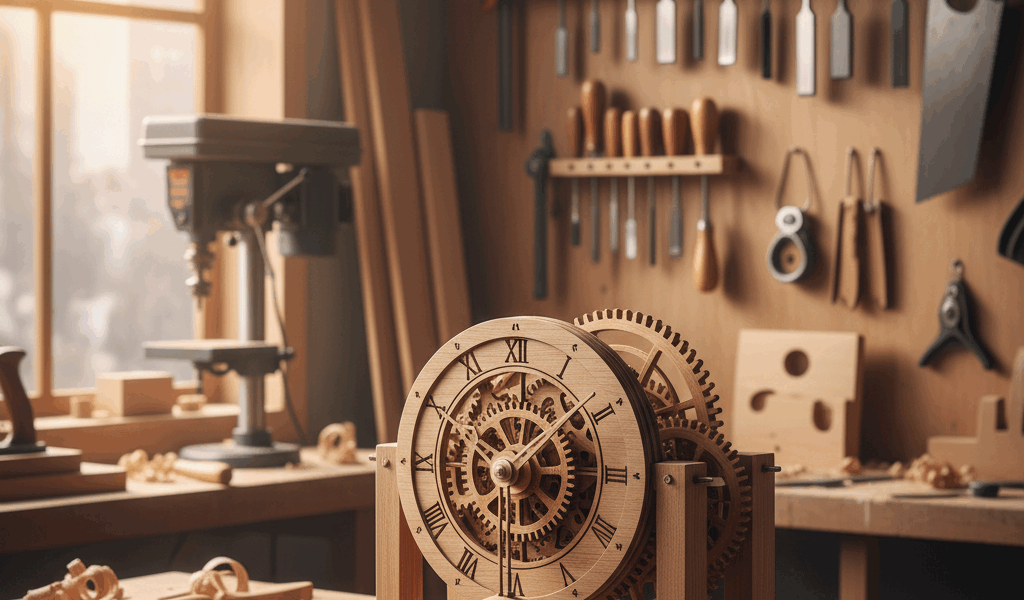 Professional featured image for woodworking article: Wooden Clock Building. High quality photography