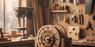 Professional featured image for woodworking article: Wooden Clock Building. High quality photography