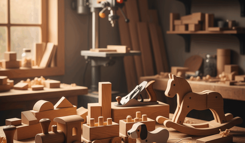 Professional featured image for woodworking article: Wooden Toy Projects. High quality photography, 