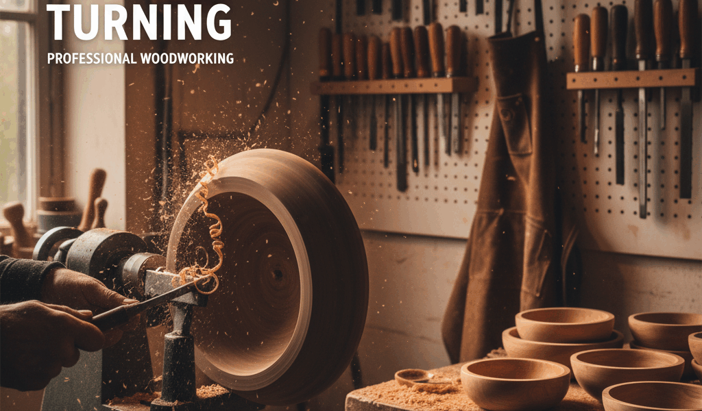 Professional featured image for woodworking article: Wooden Bowl Turning. High quality photography, 