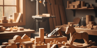 Professional featured image for woodworking article: Wooden Toy Projects. High quality photography,