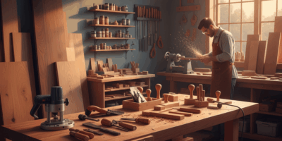 Professional woodworking image for article: 101 Woodworking Tips. Workshop, wood grain, tools, warm