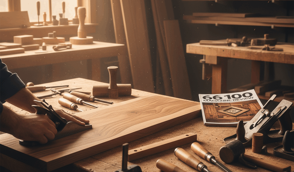 Professional woodworking image for article: 66 100 Magazine Review. Workshop, wood grain, tools, war
