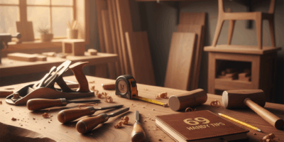Professional woodworking image for article: 69 Handy Tips. Workshop, wood grain, tools, warm lightin