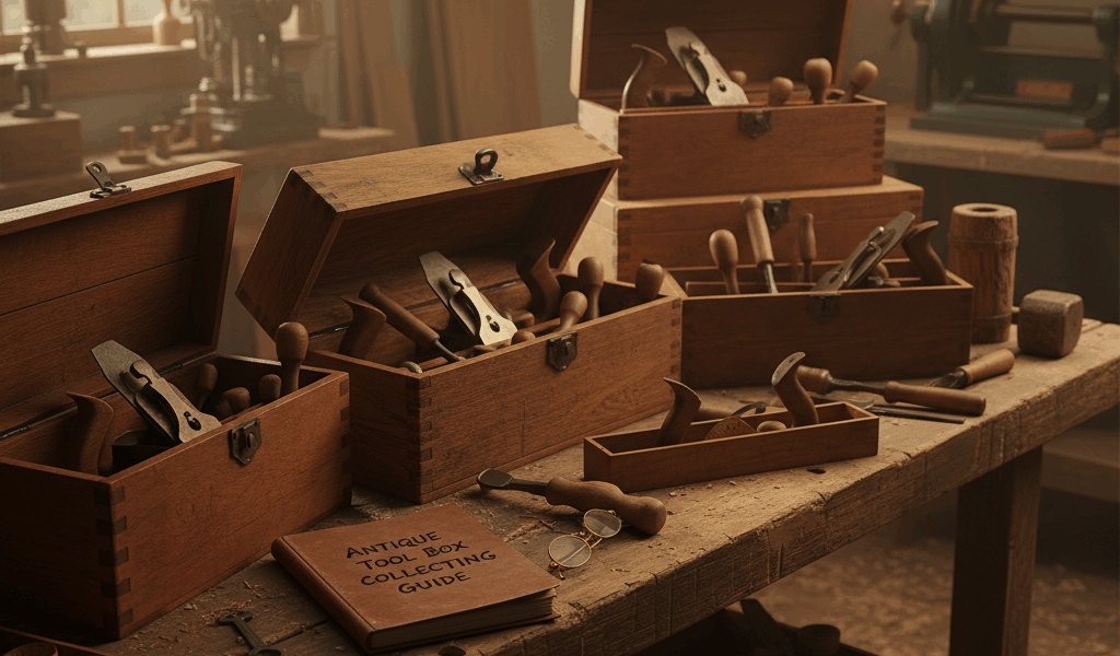 Professional woodworking image for article: Antique Tool Box Collecting Guide. Workshop, wood grain,