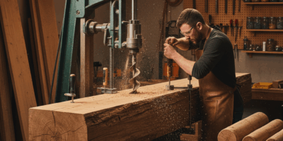 Professional woodworking image for article: Beam Drilling Techniques. Workshop, wood grain, tools, w