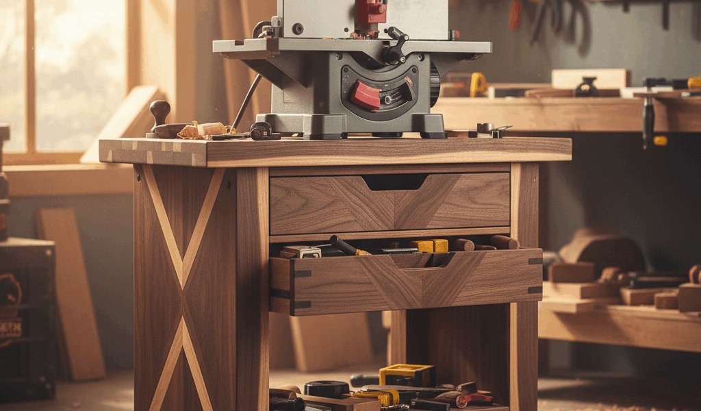 Professional woodworking image for article: Benchtop Jointer Stand Plans. Workshop, wood grain, tool