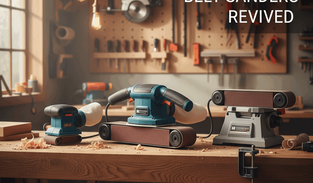 Professional woodworking image for article: Best Belt Sanders Reviewed. Workshop, wood grain, tools,