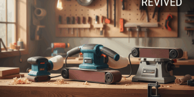 Professional woodworking image for article: Best Belt Sanders Reviewed. Workshop, wood grain, tools,