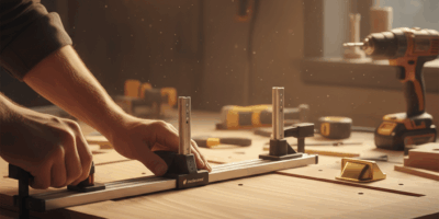 Professional woodworking image for article: Best Cabinet Hardware Jig Reviews. Workshop, wood grain,