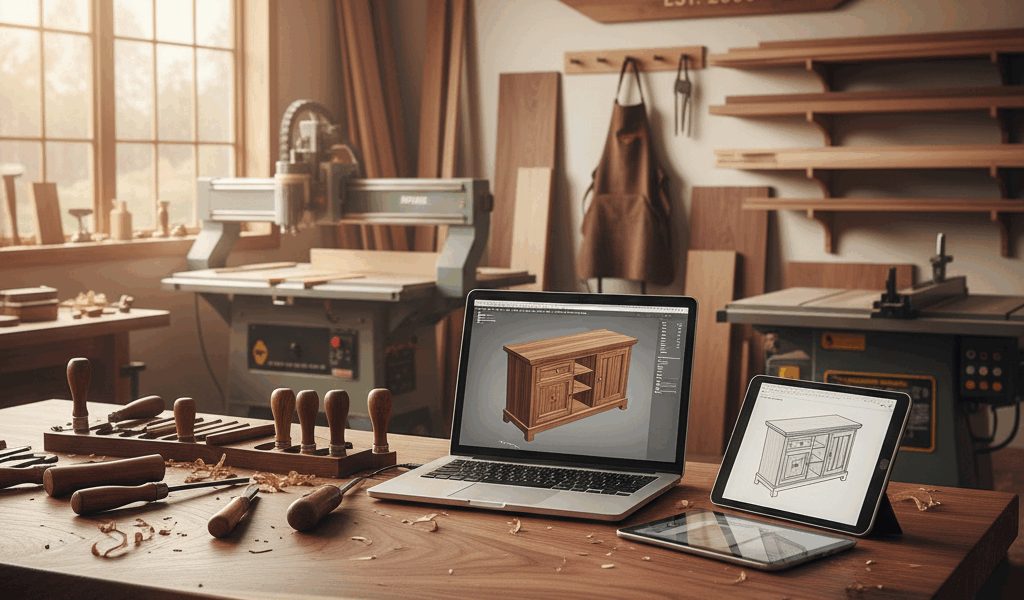 Professional woodworking image for article: Best CAD Software for Woodworking. Workshop, wood grain,