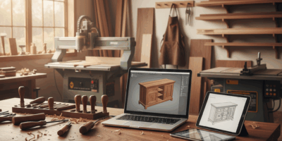 Professional woodworking image for article: Best CAD Software for Woodworking. Workshop, wood grain,