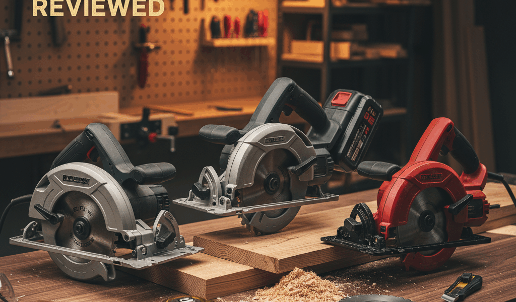 Professional woodworking image for article: Best Circular Saws Reviewed. Workshop, wood grain, tools