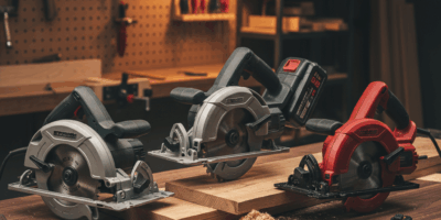 Professional woodworking image for article: Best Circular Saws Reviewed. Workshop, wood grain, tools