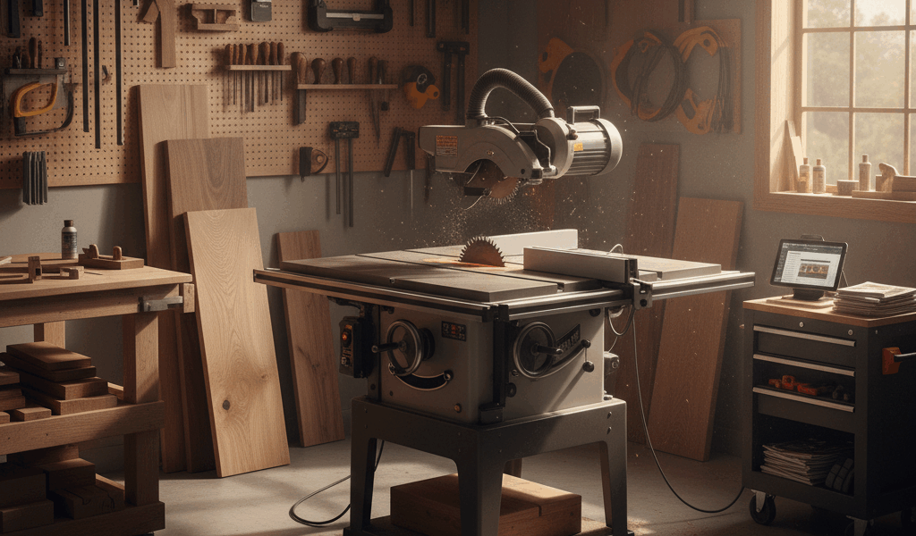 Professional woodworking image for article: Best Hybrid Table Saws Reviewed. Workshop, wood grain, t