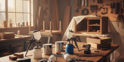 Professional woodworking image for article: Best Paint Sprayers for Furniture. Workshop, wood grain,