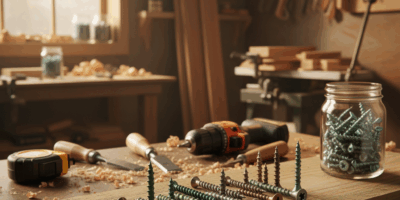 Professional woodworking image for article: Best Screws for Treated Wood. Workshop, wood grain, tool