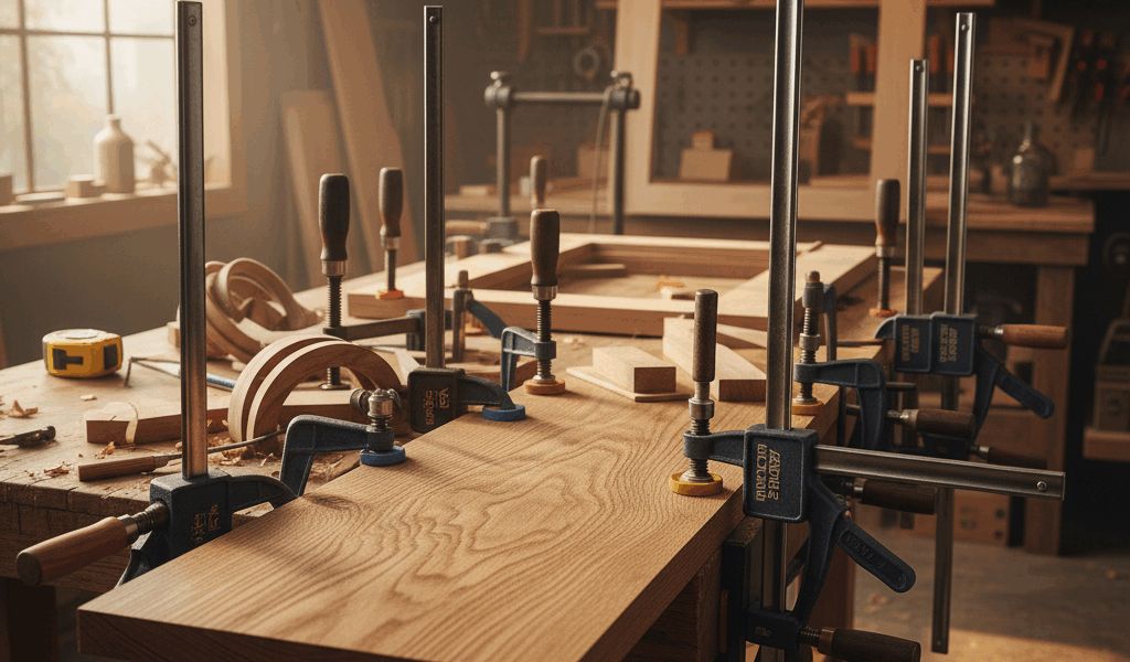 Professional woodworking image for article: Best Wood Clamps Reviewed. Workshop, wood grain, tools, 