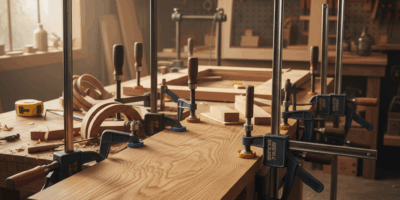 Professional woodworking image for article: Best Wood Clamps Reviewed. Workshop, wood grain, tools,