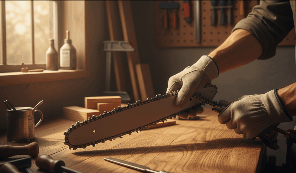 Professional woodworking image for article: Chainsaw Chain Direction Guide. Workshop, wood grain, to