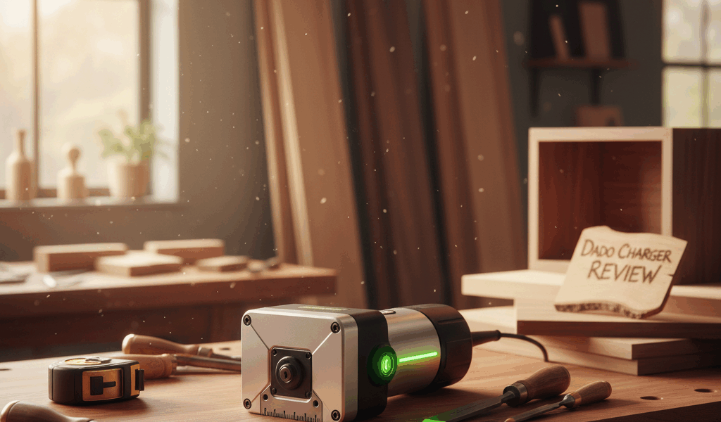 Professional woodworking image for article: Dado Charger Review. Workshop, wood grain, tools, warm l