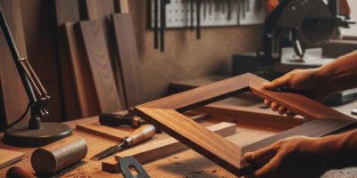 Professional woodworking image for article: DIY Picture Frame Building Guide. Workshop, wood grain,