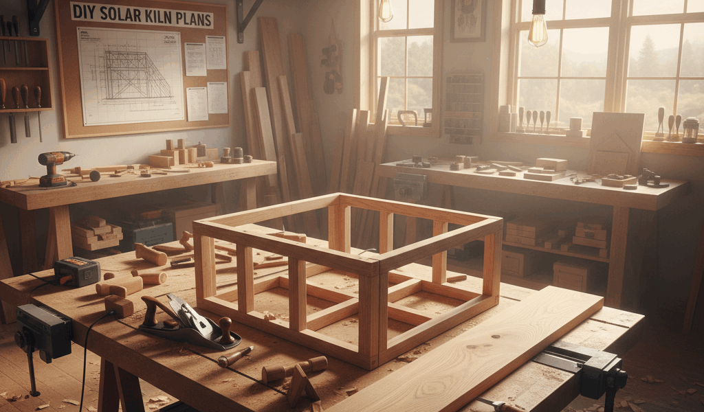 Professional woodworking image for article: DIY Solar Kiln Plans. Workshop, wood grain, tools, warm 