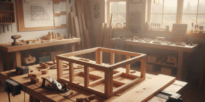 Professional woodworking image for article: DIY Solar Kiln Plans. Workshop, wood grain, tools, warm