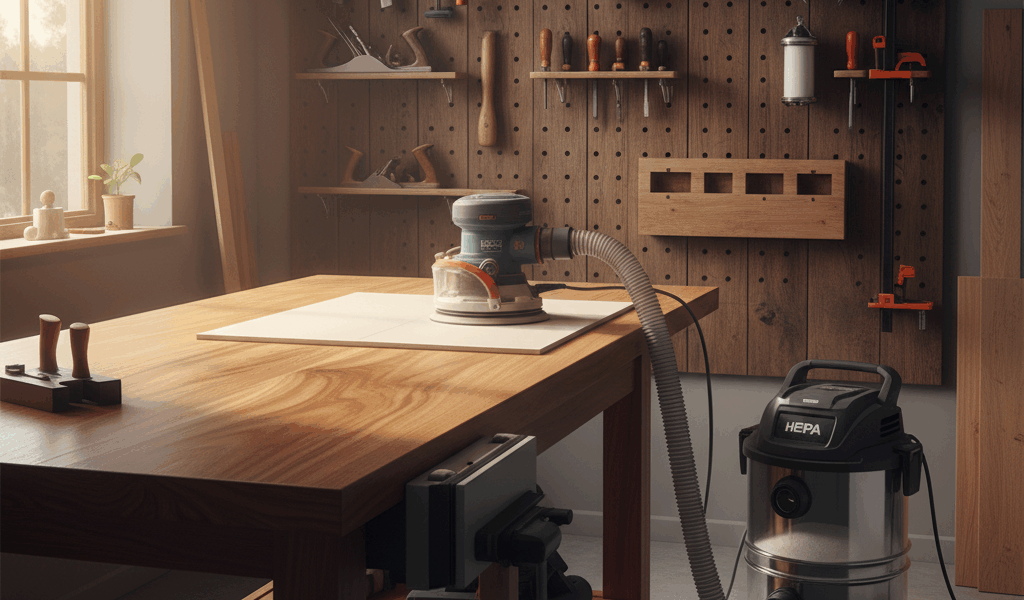 Professional woodworking image for article: Dust-Free Drywall Sanding Methods. Workshop, wood grain,