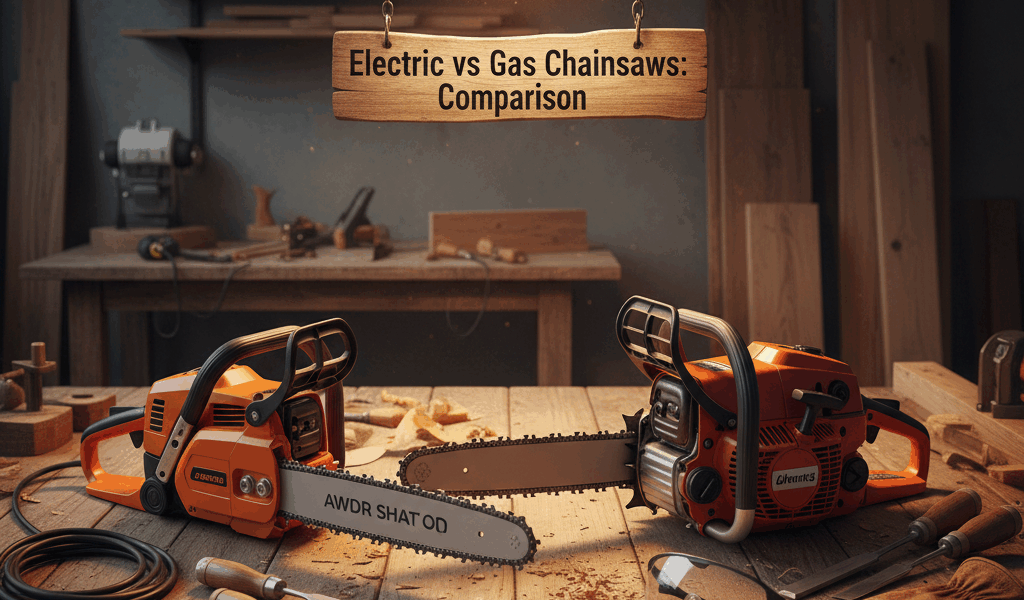 Professional woodworking image for article: Electric vs Gas Chainsaws: Comparison. Workshop, wood gr