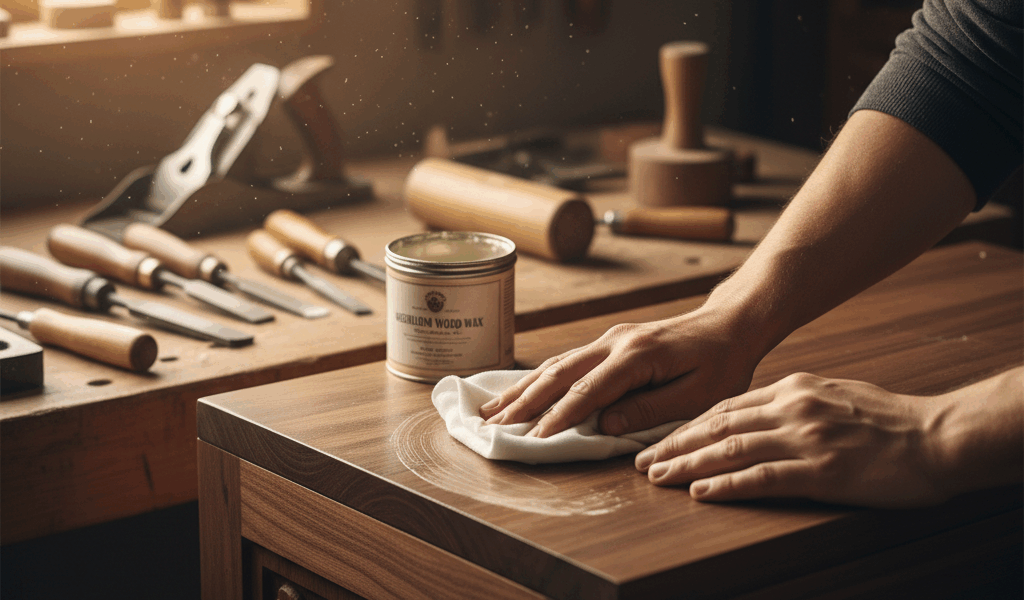 Professional woodworking image for article: Furniture Wax Application Guide. Workshop, wood grain, t