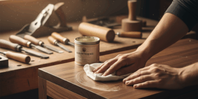 Professional woodworking image for article: Furniture Wax Application Guide. Workshop, wood grain, t