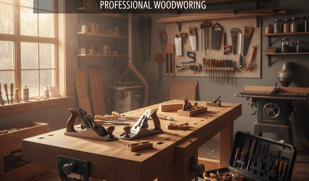 Professional woodworking image for article: How to Build a Work Bench. Workshop, wood grain, tools, 