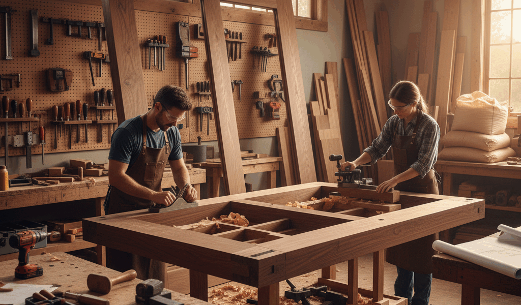 Professional woodworking image for article: How to Build Carriage Doors. Workshop, wood grain, tools